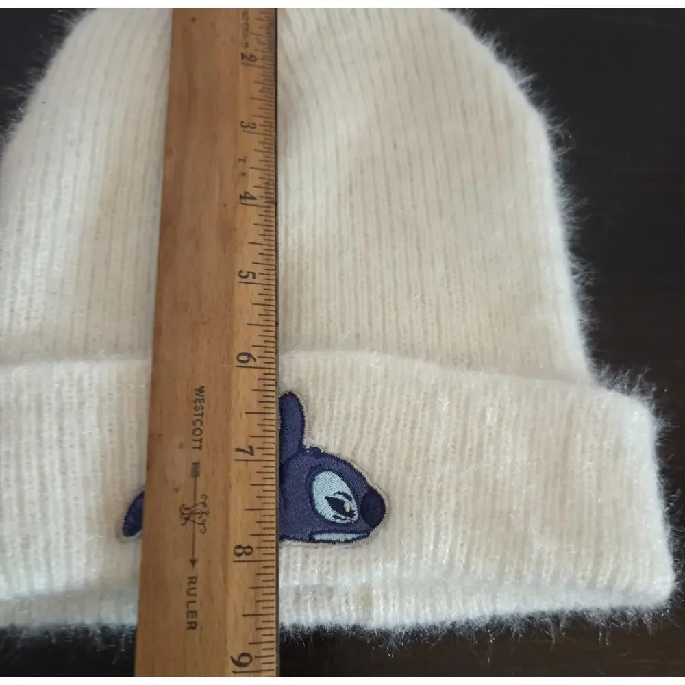 Stitch Knit Beanie Hat Embroidered Appliqués Unisex Warm Stretchy Cream One Sz